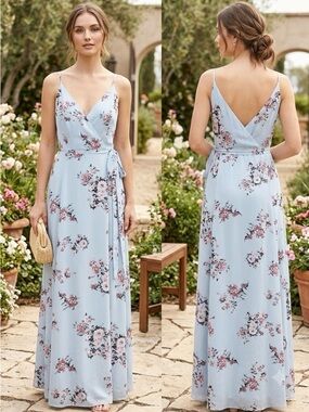 Wayf Light Blue Floral Wrap Maxi Dress